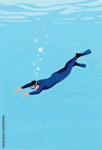 Person in wetsuit and goggles swims underwater with fins, bubbles rise