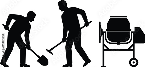 Construction worker silhouettes with tools and cement mixer, building and renovation work illustration isolated on white background vector design