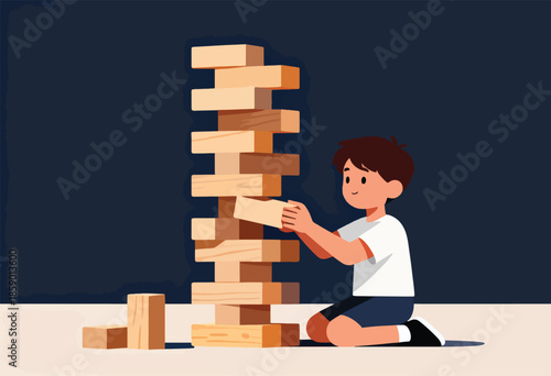 Boy carefully removing a wooden block from a tall tower