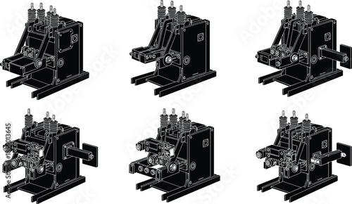 Mechanical assembly, technical illustration, industrial components, machine parts, engineering drawing, bolt and bracket, exploded view, CAD design, manufacturing layout, hardware