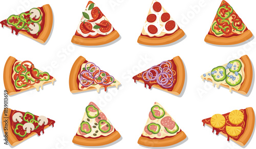 Comprehensive collection of twelve gourmet vector pizza slices featuring toppings like pepperoni, mushrooms, red onions, bell peppers, and fresh tomatoes.