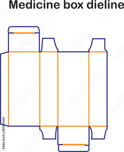 Medicine box dieline template for pharmaceutical packaging with folding lines and bleed area for medical health products