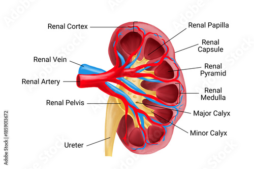 Detailed human kidney anatomy illustration with labeled on white background. Medical vector graphic for medical education, biology textbooks, healthcare presentations, and anatomy infographics