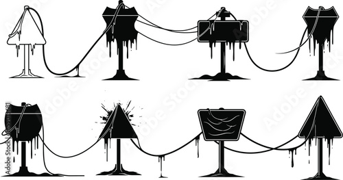 Melting road signs, surreal vector, abstract traffic symbols, dripping illustration, urban decay concept, black silhouette, distorted signage, eerie composition