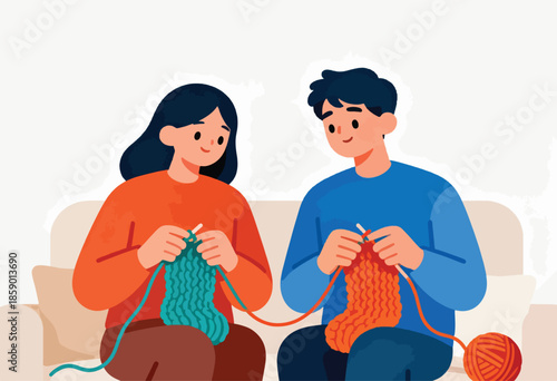Couple knitting together on a couch, enjoying a shared hobby