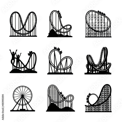 Roller Coaster Icons - Thrilling Amusement Park Rides in Silhouette.