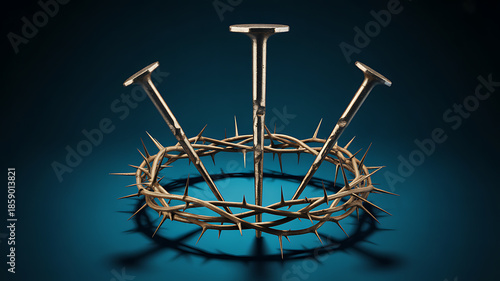 Three weathered metallic nails stand upright through a golden crown of thorns on a dark surface