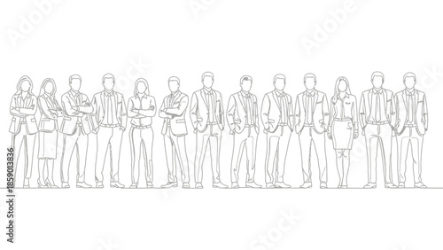 A detailed line drawing of a diverse group of business professionals standing in a line, showcasing a variety of attire and poses.