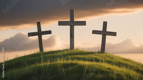 Three weathered wooden crosses stand prominently on a vibrant green grassy mound under dramatic sunset clouds