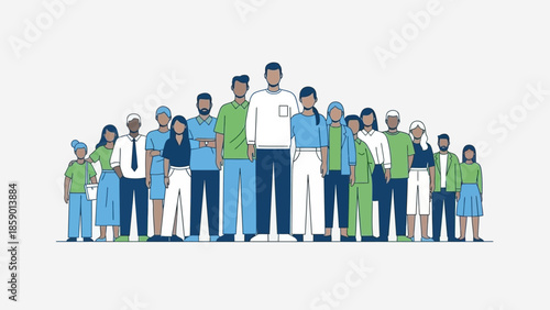 A diverse group of people of various ages and genders stand together in a line, depicted in a flat, illustrative style with blue and green clothing.
