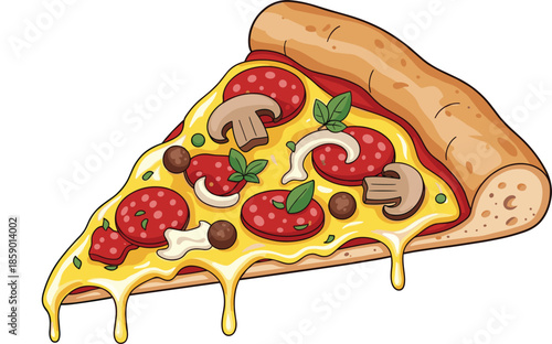Delicious vector illustration of a gourmet pizza slice with melting dripping cheese topped with pepperoni, sliced mushrooms, onions, and fresh green basil.