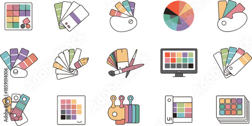 Graphic design color palette and artist tool vector icons.