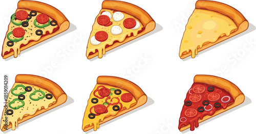 A set of six gourmet vector pizza slices with varied toppings like pepperoni, olives, peppers, and extra cheese for restaurant menu marketing materials.