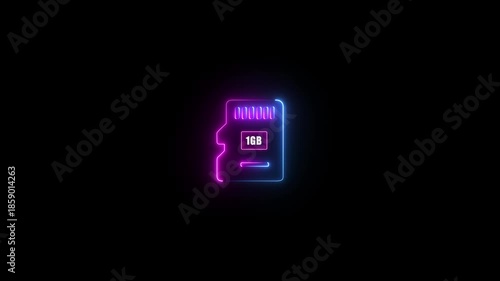 Blue and purple neon micro S D card 1 GB icon glowing on black background digital storage technology concept data saving memory card symbol abstract futuristic technology..