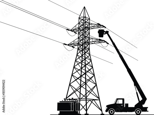 High-voltage power line pylon with transformer silhouette, electrician worker maintenance truck, energy transmission electricity grid, infrastructure vector illustration.