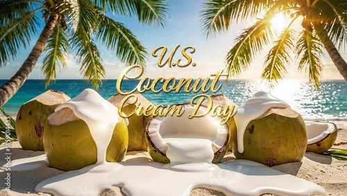 US Coconut Cream Day celebration on a tropical beach with palm trees and ocean.