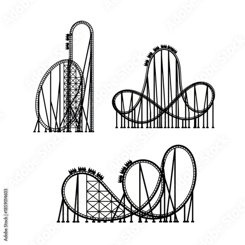 Roller Coaster Designs - Thrilling Amusement Park Rides in Black and White.