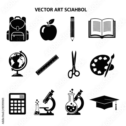 Vector art collection of school supplies and educational tools.