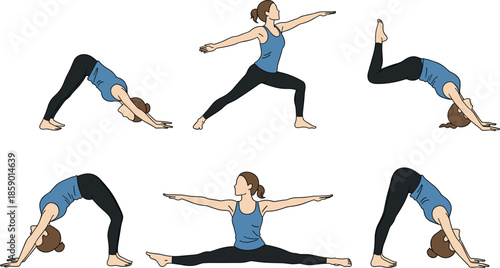 A set of six flat vector illustrations showing women in various yoga poses like downward dog and warrior for fitness and wellness designs.