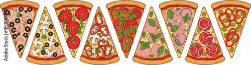 A set of diverse pizza slice illustrations featuring various toppings like pepperoni, mushrooms, olives, tomatoes, and greens for restaurant menu and food design.