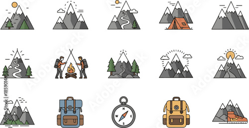 Mountain camping and hiking adventure vector icon collection.
