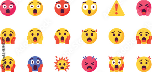 Collection of shocked and surprised face emoji vector icons.