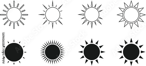 Set of 8 sun icon illustration vector graphics depicting various solar symbols isolated on white background