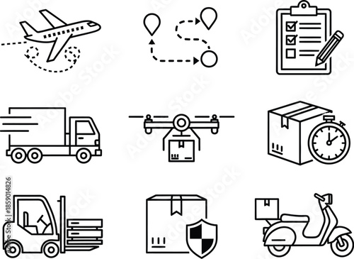 Set of nine delivery logistics icons vector illustration featuring transport and shipping services isolated on white background