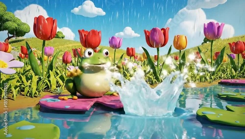 A cartoon frog on a lily pad in a pond with colorful tulips and falling raindrops.