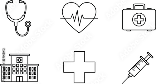 Six medical healthcare vector illustration icons for medicine and health services isolated on white background
