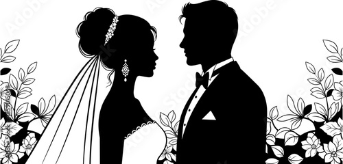 Wedding couple silhouette of bride and groom facing each other with floral background, romantic marriage celebration elegant monochrome vector illustration
