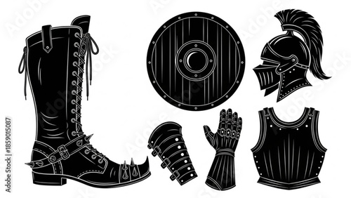 Black and white illustration of medieval armor and weapons