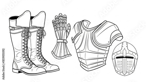 Medieval knight armor and weapon set including boots, arrows, chest plate, and helmet in a detailed line drawing