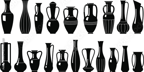 Ancient and modern vase silhouettes set, Greek amphora and ceramic pottery icons, decorative clay vessels and jars isolated on white background vector illustration