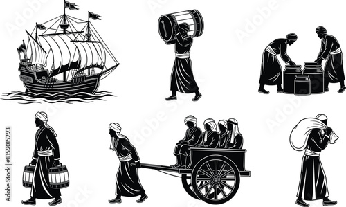 Ancient merchant trade silhouette set, historical maritime sailing ship, merchants carrying cargo barrels, traditional spice trade caravan, medieval market transport vector illustration collection,