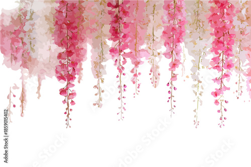 Delikatne, wiszące kwiaty glicynii w pastelowych odcieniach różu i bieli, tworzące zwiewną, transparentną dekorację.