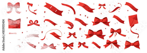Kolekcja czerwonych wstążek i kokardek na przezroczystym tle, idealna do dekoracji i projektów graficznych.