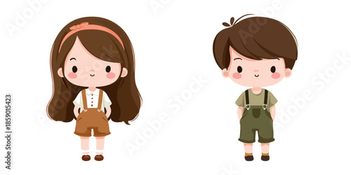 Dwoje uroczych dzieci w kreskówkowym stylu, chłopiec i dziewczynka, na białym tle.