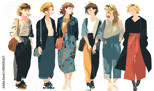 Grupa młodych kobiet w modnych strojach, stojących razem, ilustracja wektorowa
