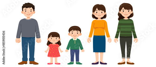 Ilustracja rodziny: rodzice i dzieci stojący razem, przedstawiający więzi rodzinne.
