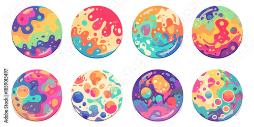 Zestaw ośmiu okrągłych, abstrakcyjnych grafik z kolorowymi plamami i kształtami.
