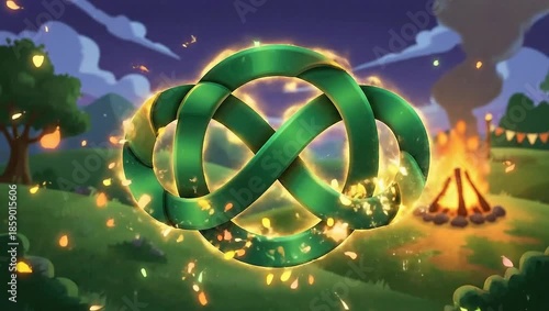 Celtic Knot in a Magical Forest with Campfire.