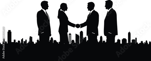 Business people shaking hands silhouette over city skyline, professional partnership and deal concept, corporate teamwork success isolated on white background vector illustration