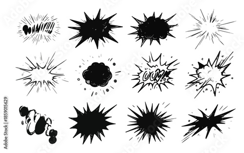 Zestaw czarnych, wybuchowych kształtów i dymków komiksowych na przezroczystym tle, idealny do projektów graficznych.