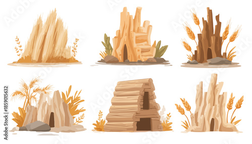 Zestaw sześciu ilustracji przedstawiających prymitywne schronienia i budowle z drewna i kamienia, z elementami roślinnymi.