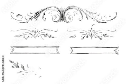 Ręcznie rysowane ozdobne elementy graficzne i ramki, elementy dekoracyjne na przejrzystym tle.