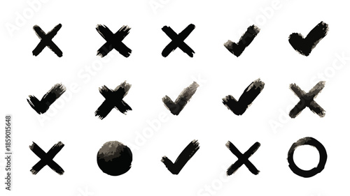 Zestaw ręcznie rysowanych symboli "tak" i "nie" z pociągnięciami pędzla, na białym tle.