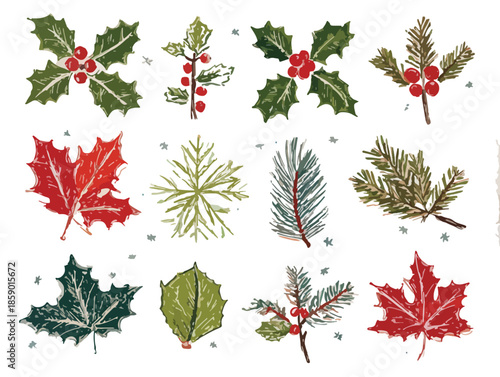 Zestaw zimozielonych i jesiennych liści oraz gałązek iglastych, stylizowanych na odbicia stempli, na przezroczystym tle.