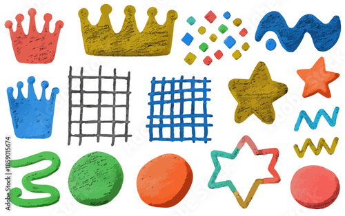 Zestaw ręcznie rysowanych, kolorowych elementów graficznych i symboli, w tym korony, gwiazdy i fale, z efektem przezroczystości.