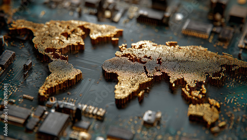 A gold world map on a circuit board, symbolizing global technology and innovation.